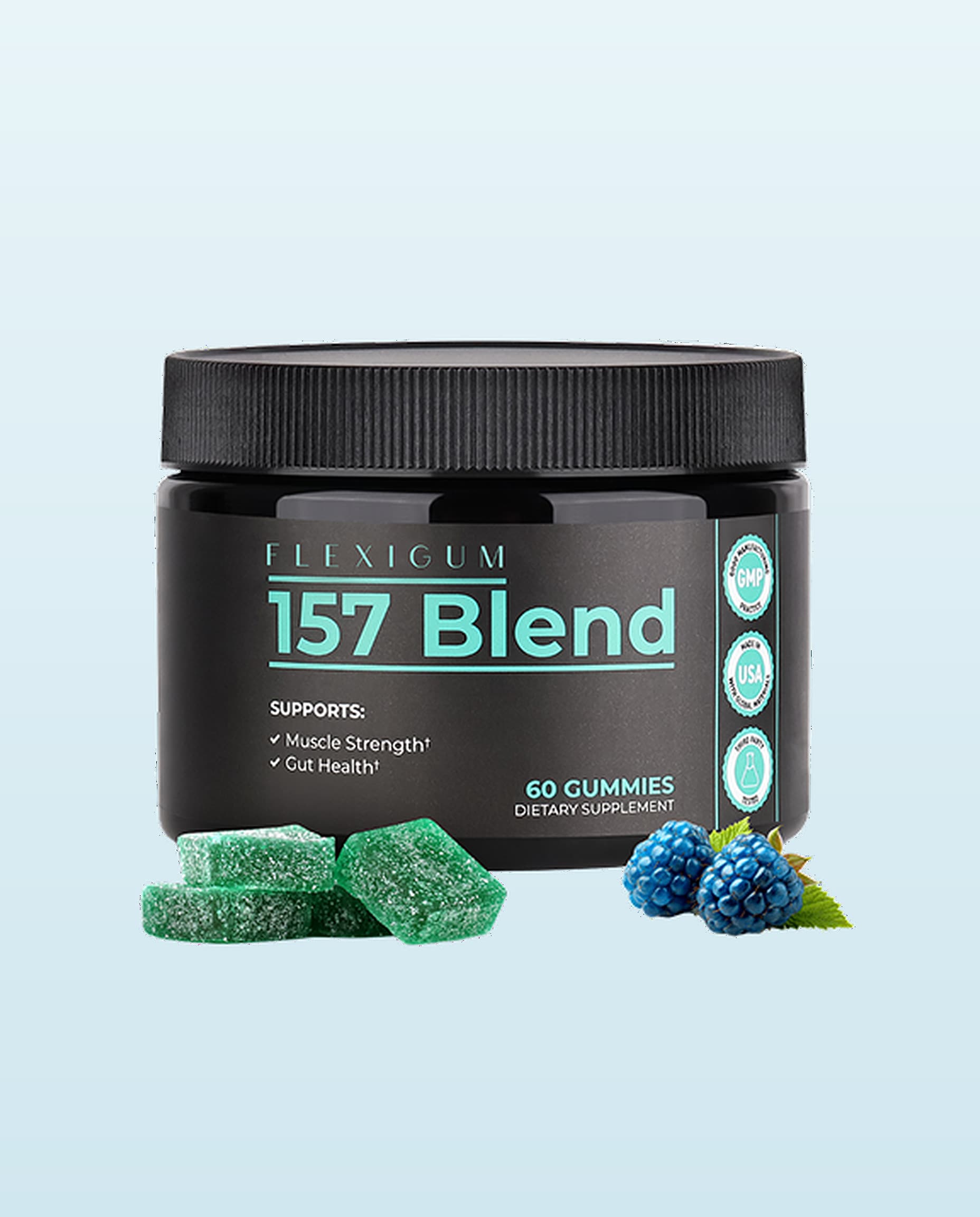Flexigum 157Blend recovery gummies, two blue raspberry gummies a serving.
