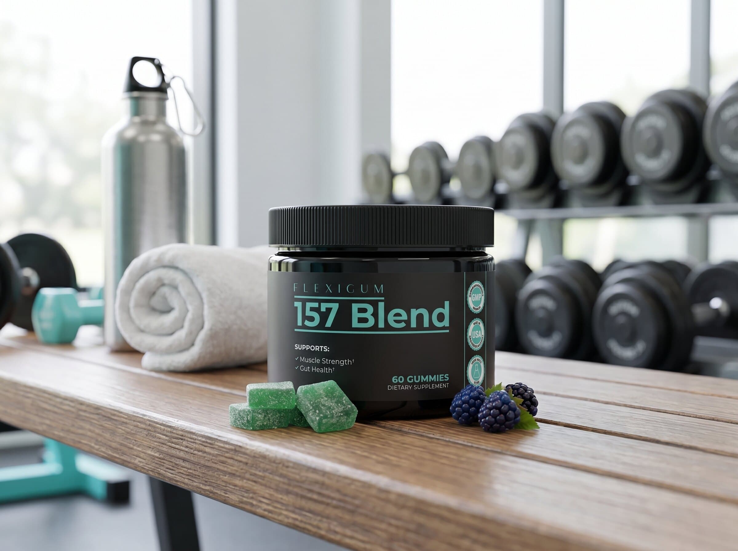 Flexigum 157 Blend jar on a gym bench beside a towel, water bottle and dumbbells.