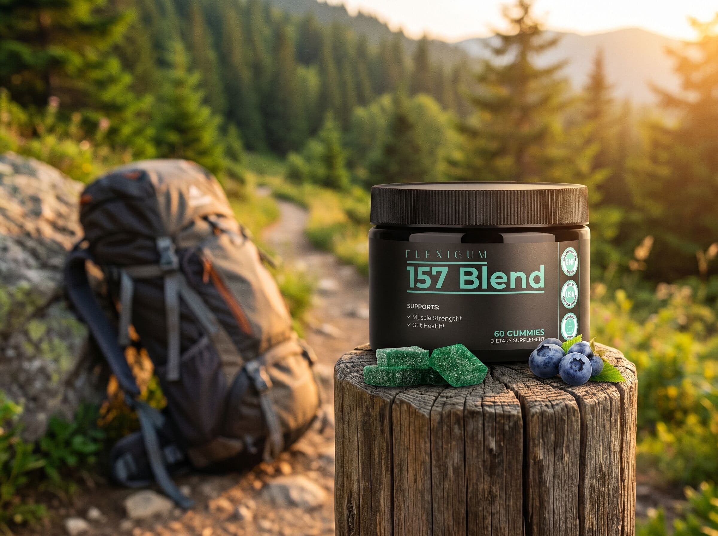 Flexigum 157 Blend jar on a trail post with a hiking backpack and forest behind.
